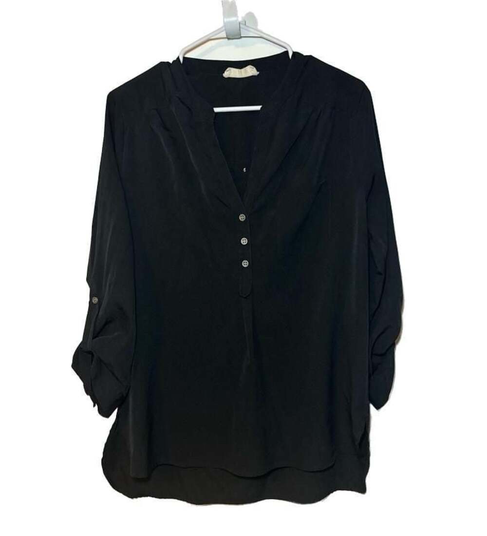 Pink Rose Black Popover V-Neck Roll Tab Sleeve Tunic Blouse